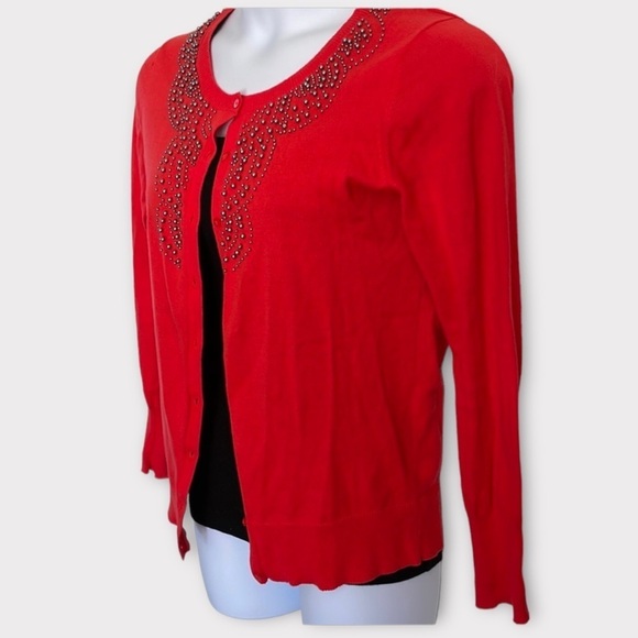 Red Beaded Neckline Button Up Cardigan - Picture 2 of 3